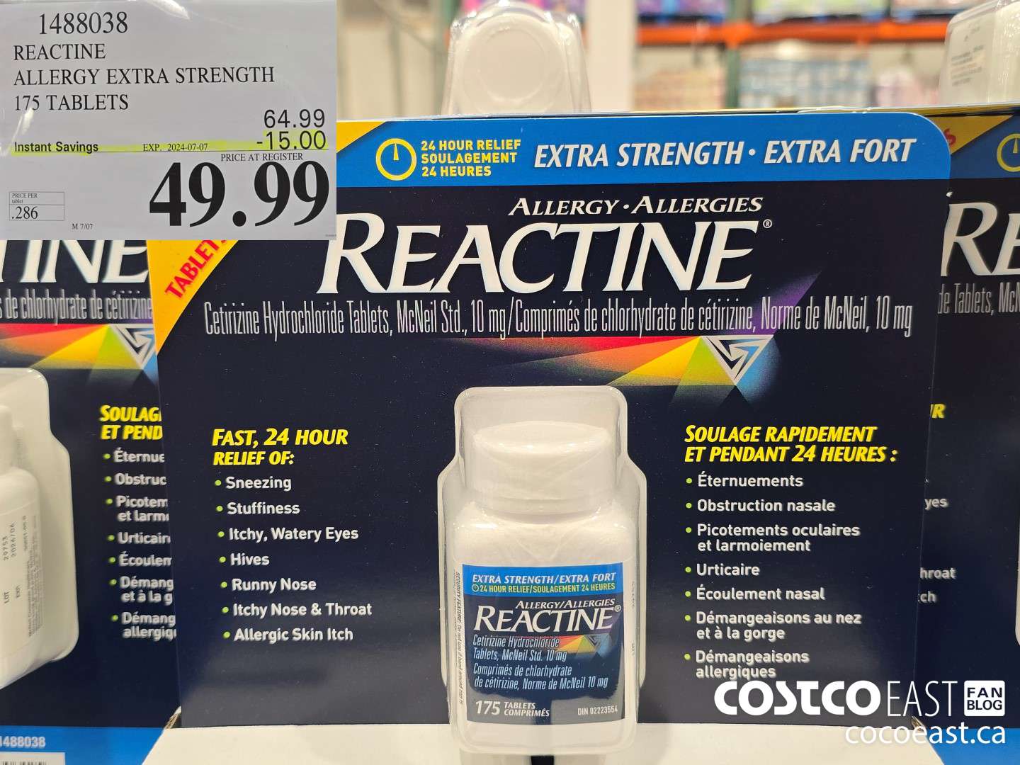 1488038 REACTINE ALLERGY EXTRA STRENGTH 175 TABLETS ($15.00 INSTANT SAVINGS EXPIRES ON 2024-07-07) $49.99