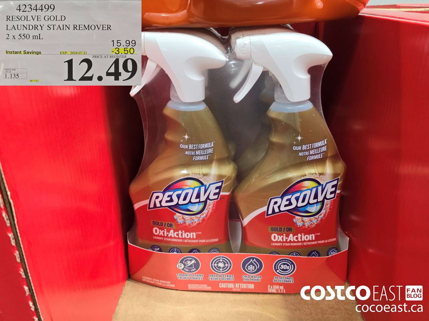 4234499 RESOLVE GOLD LAUNDRY STAIN REMOVER 2 x 550 mL ($3.50 INSTANT SAVINGS EXPIRES ON 2024-07-21) $12.49