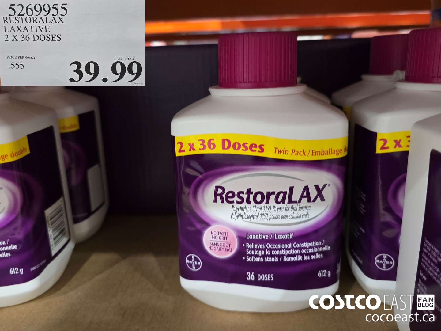 5269955 RESTORALAX LAXATIVE 2 X 36 DOSES $39.99