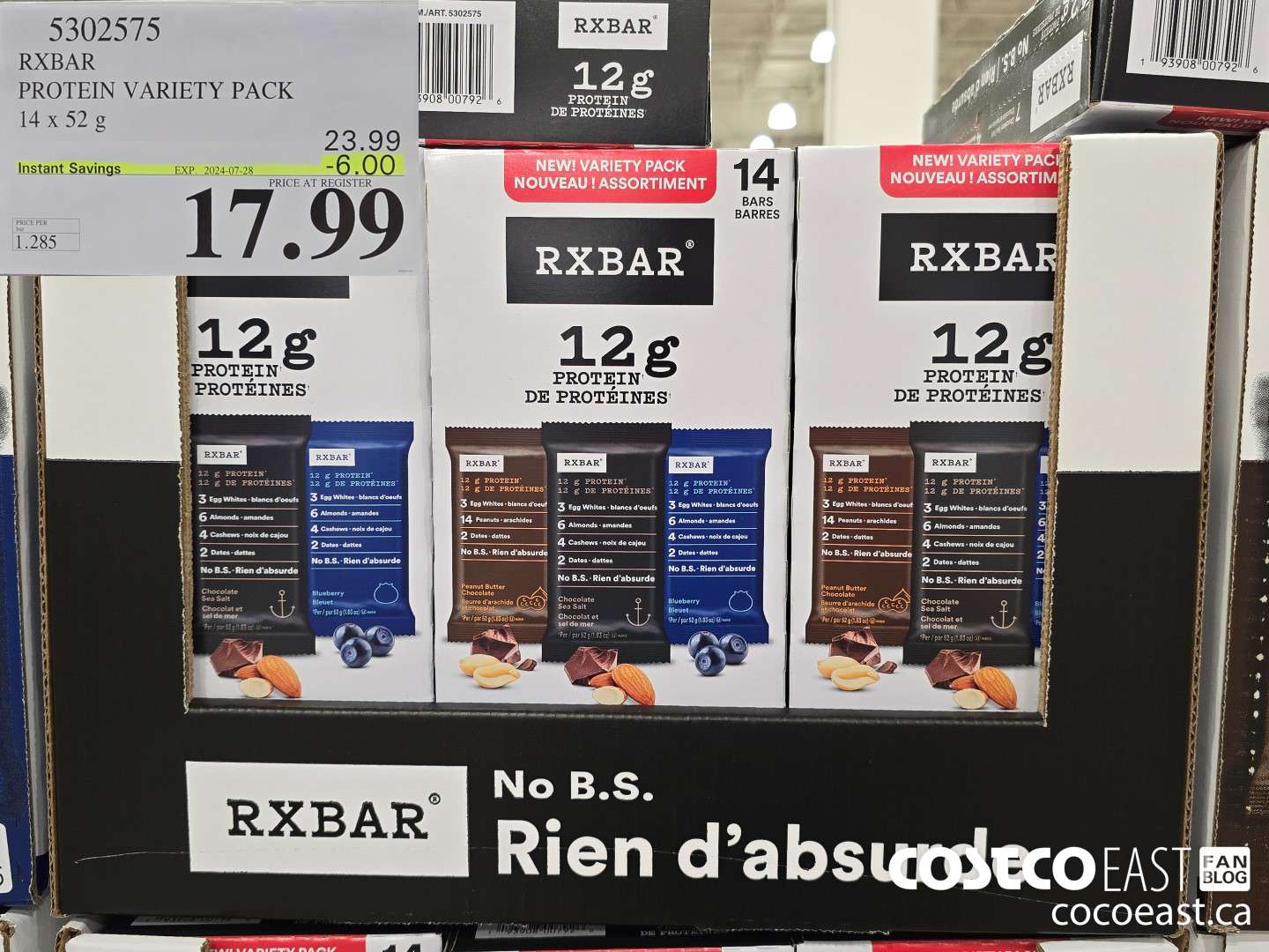 5302575 RXBAR PROTEIN VARIETY PACK 14 x 52 G ($6.00 INSTANT SAVINGS EXPIRES ON 2024-07-28) $17.99