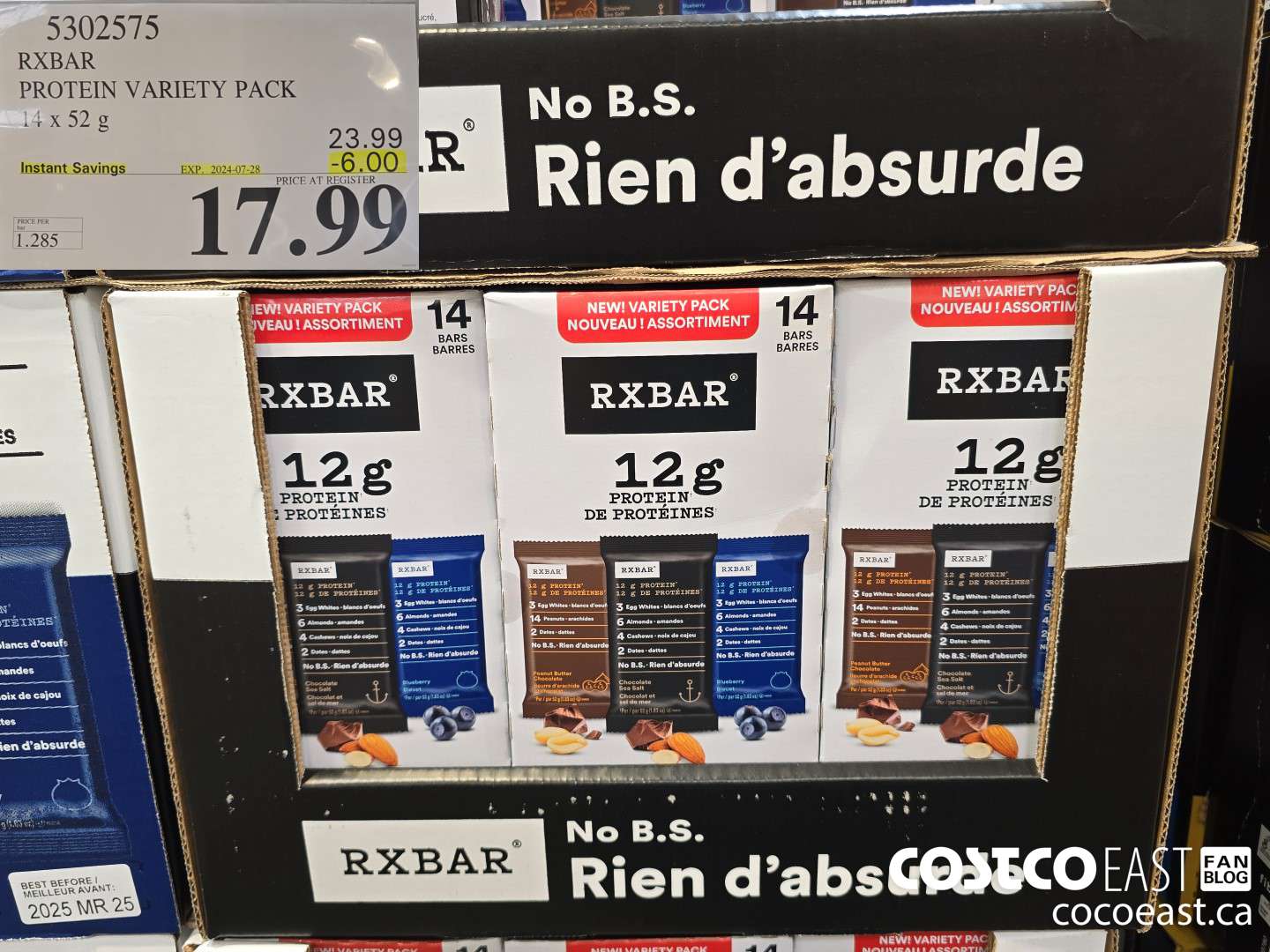 5302575 RXBAR PROTEIN VARIETY PACK 14 x 52 G ($6.00 INSTANT SAVINGS EXPIRES ON 2024-07-28) $17.99