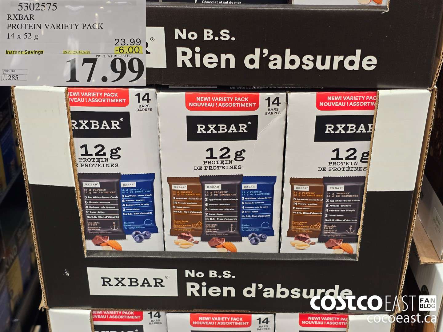 5302575 RXBAR PROTEIN VARIETY PACK 14 x 52 G ($6.00 INSTANT SAVINGS EXPIRES ON 2024-07-28) $17.99