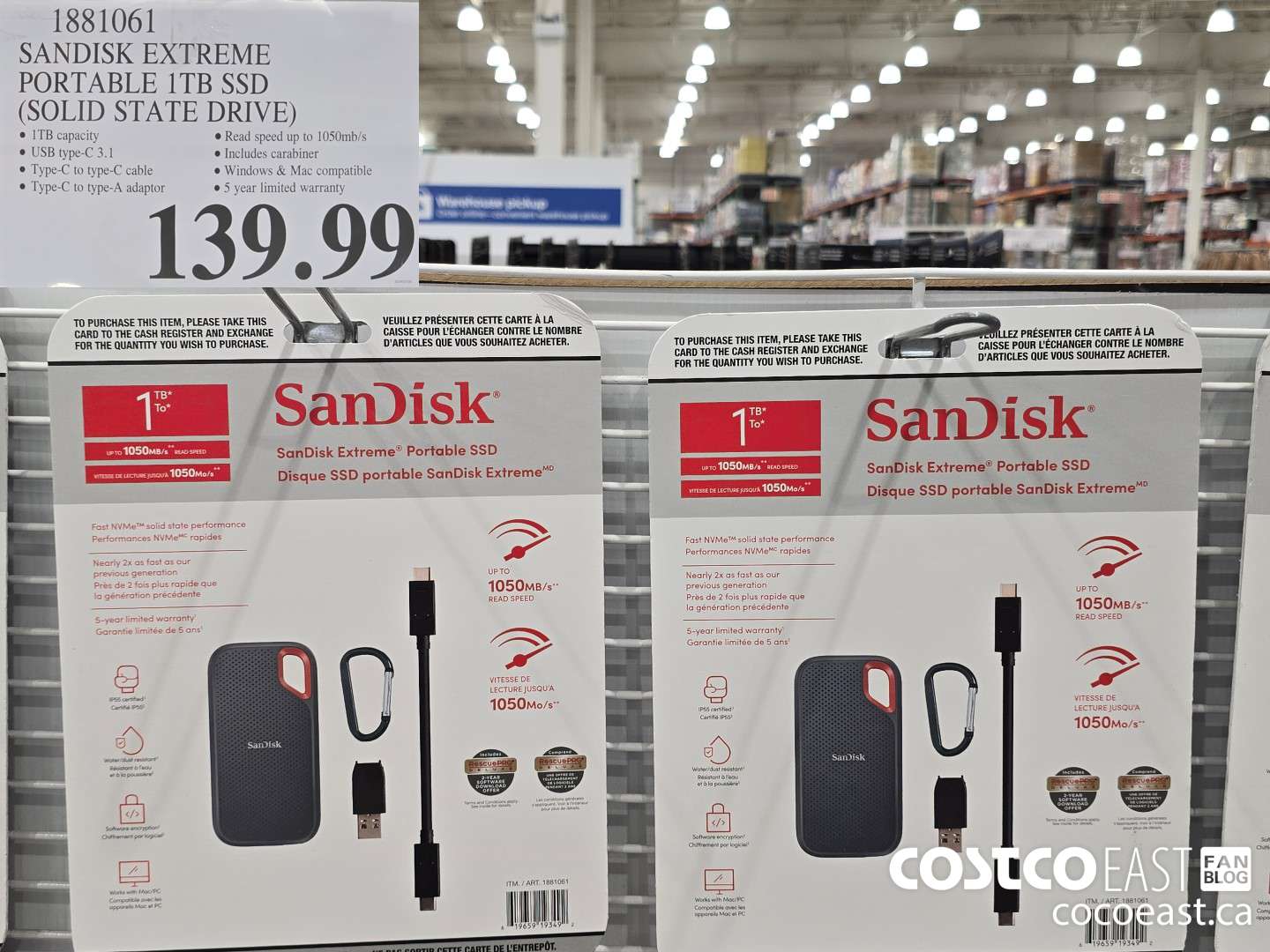 1881061 SANDISK - EXTREME PORTABLE 1TB SOLID STATE DRIVE(SSD) $139.99