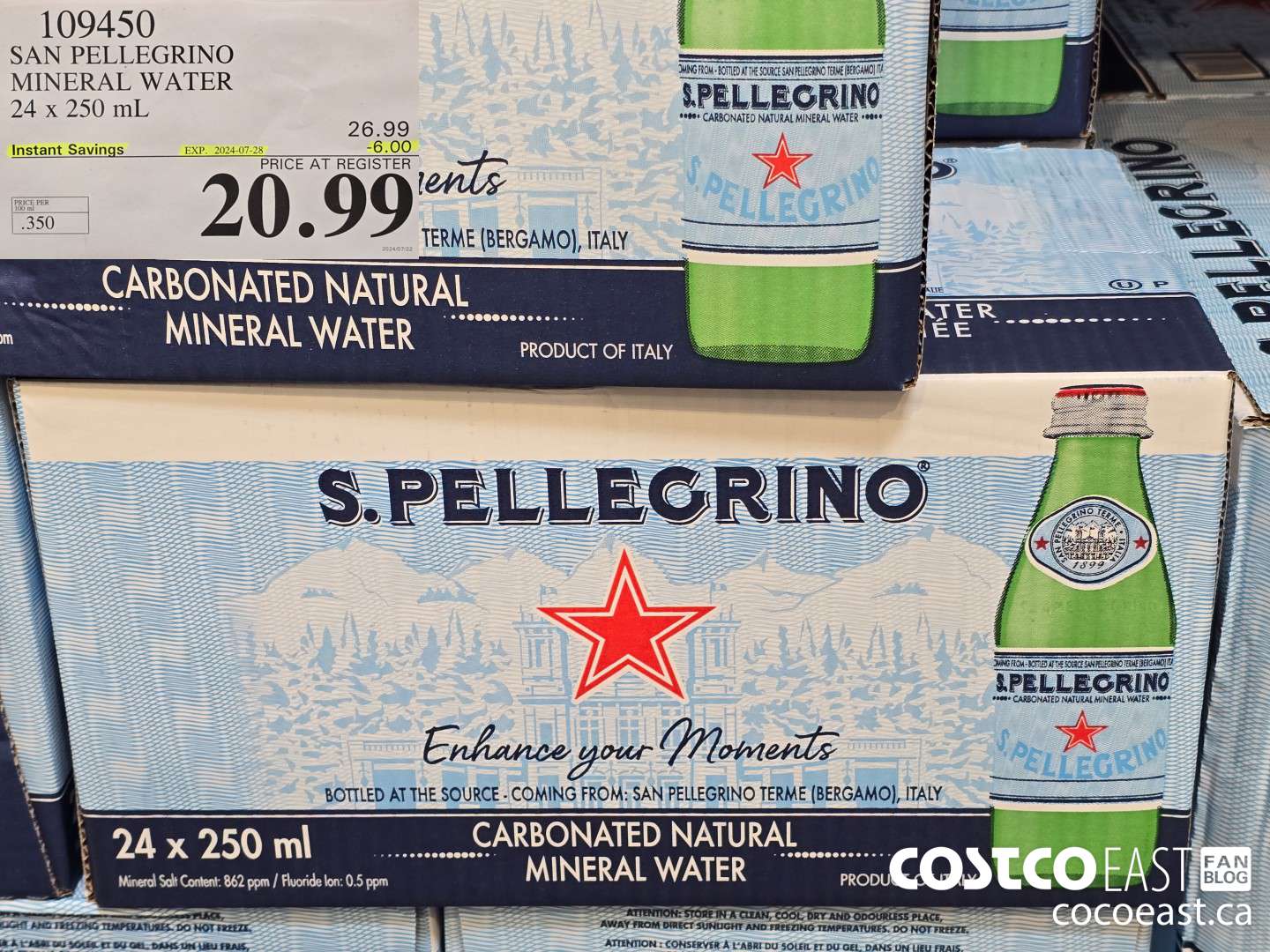 109450 SAN PELLEGRINO MINERAL WATER 24 x 250 mL ($6.00 INSTANT SAVINGS EXPIRES ON 2024-07-28) $20.99