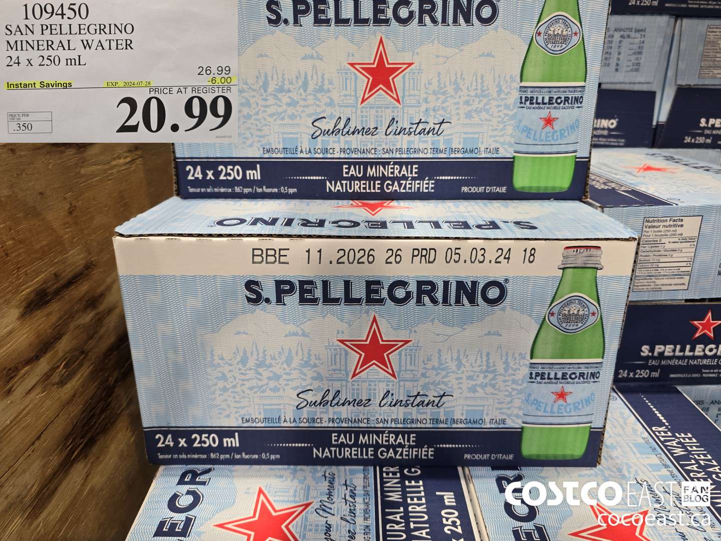 109450 SAN PELLEGRINO MINERAL WATER 24 x 250 mL ($6.00 INSTANT SAVINGS EXPIRES ON 2024-07-28) $20.99