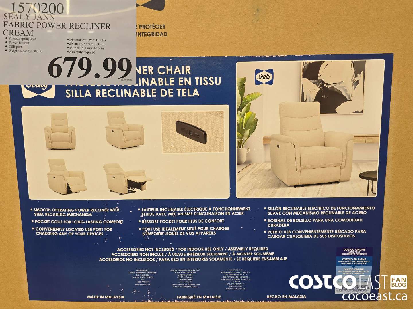 1570200 SEALY JANN FABRIC POWER RECLINER CREAM $679.99