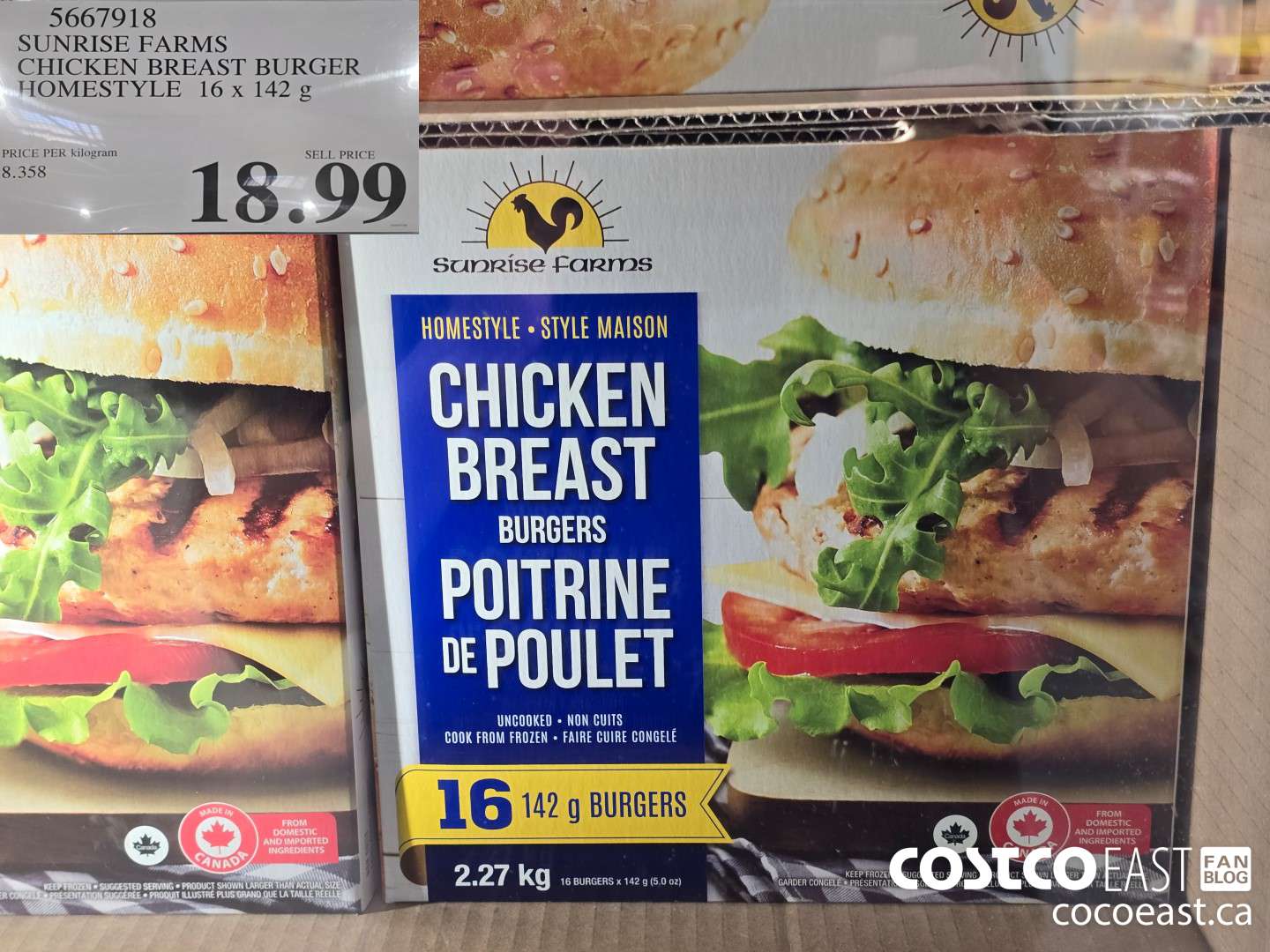 5667918 SUNRISE FARMS CHICKEN BREAST BURGER HOMESTYLE 16 X 142G $18.99