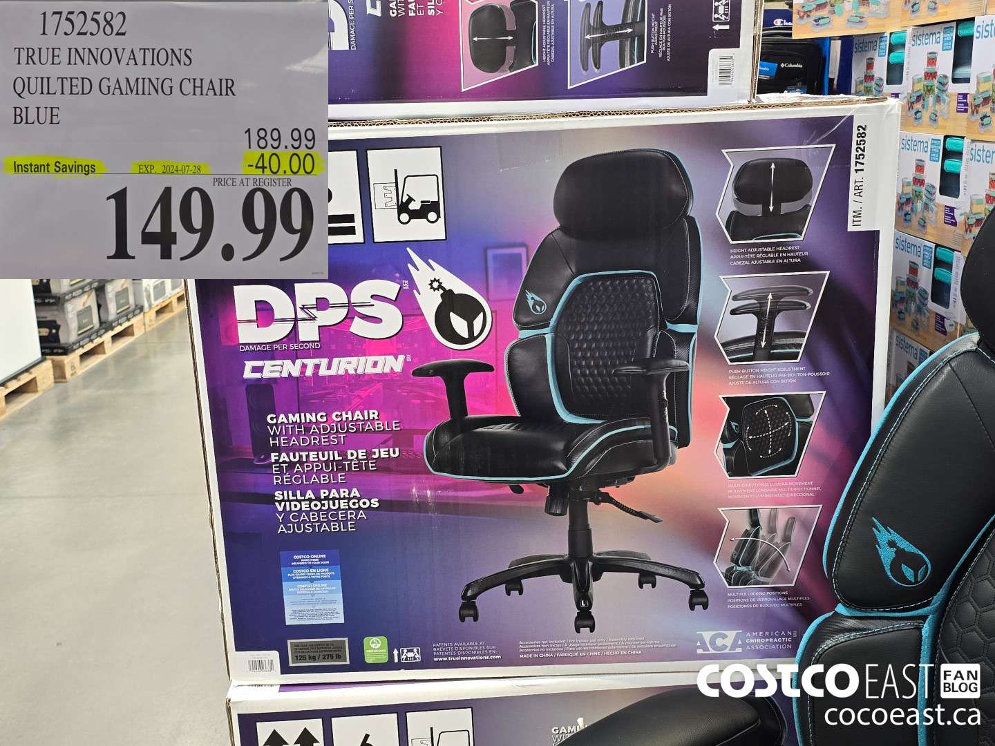 1752582 TRUE INNOVATIONS QUILTED GAMING CHAIR BLUE ($40.00 INSTANT SAVINGS EXPIRES ON 2024-07-28) $149.99