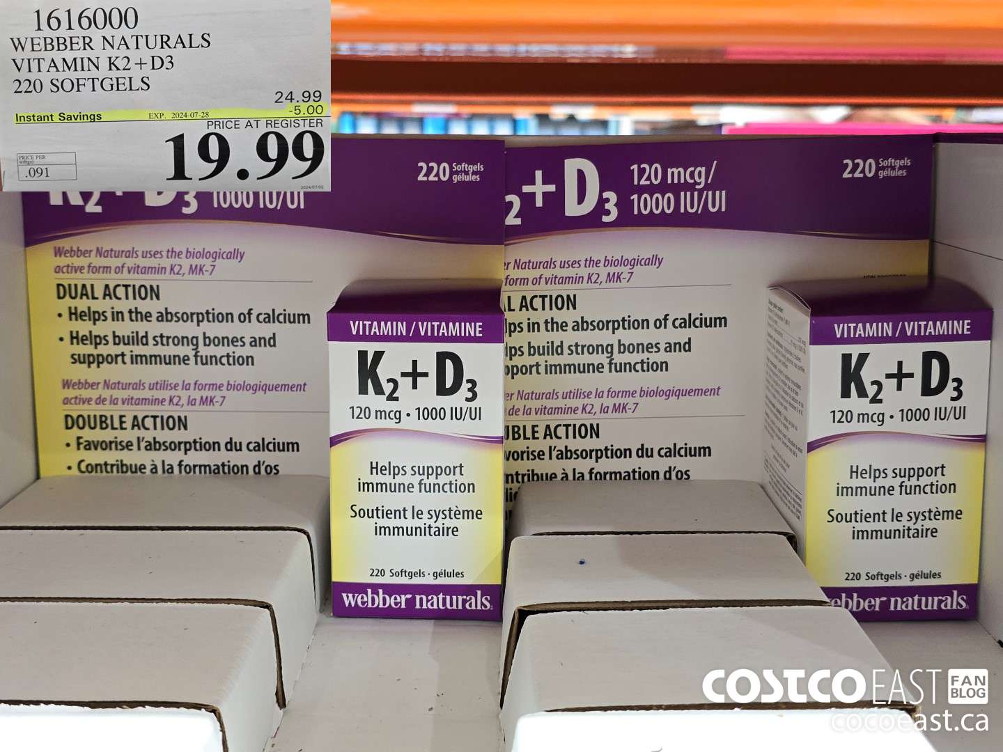 1616000 WEBBER NATURALS VITAMIN K2+D3 220 SOFTGELS ($5.00 INSTANT SAVINGS EXPIRES ON 2024-07-28) $19.99