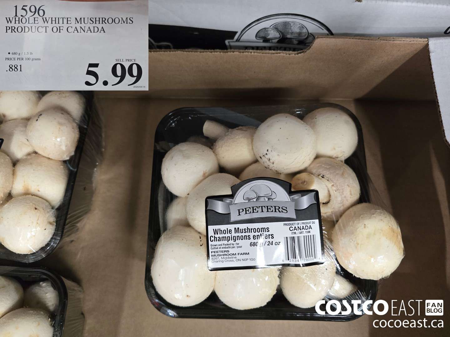 1596 WHOLE WHITE MUSHROOMS PRODUCT OF CANADA $5.99