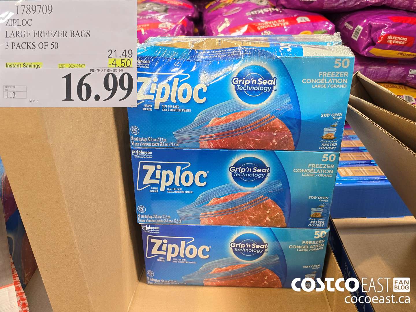 1789709 ZIPLOC LARGE FREEZER BAGS 3 PACKS OF 50 ($4.50 INSTANT SAVINGS EXPIRES ON 2024-07-07) $16.99