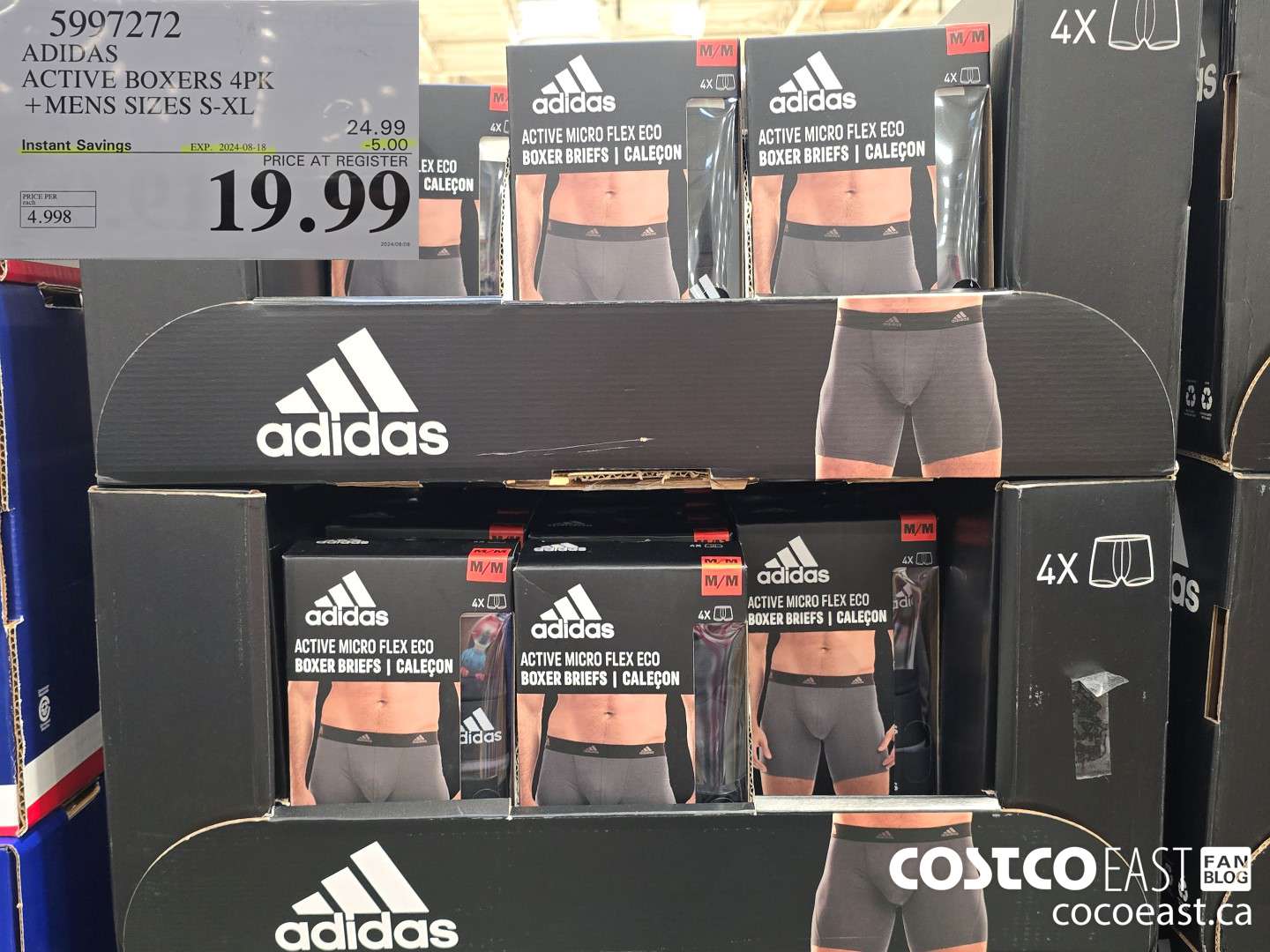 5997272 ADIDAS ACTIVE BOXERS 4PK +MENS SIZES S-XL ($5.00 INSTANT SAVINGS EXPIRES ON 2024-08-18) $19.99