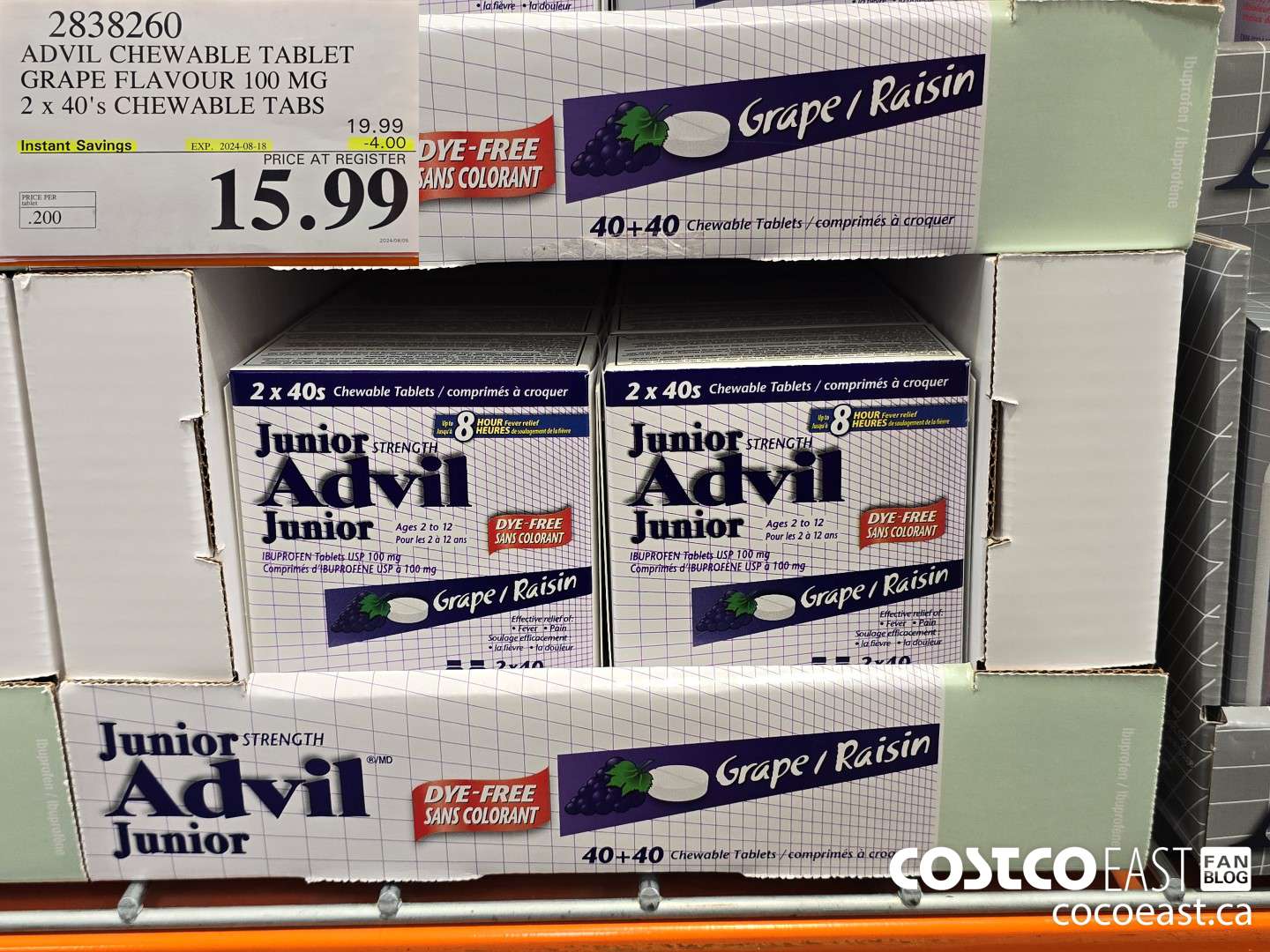 2838260 ADVIL CHEWABLE TABLET GRAPE FLAVOUR 100 MG 2 X 40'S CHEWABLE TABS ($4.00 INSTANT SAVINGS EXPIRES ON 2024-08-18) $15.99