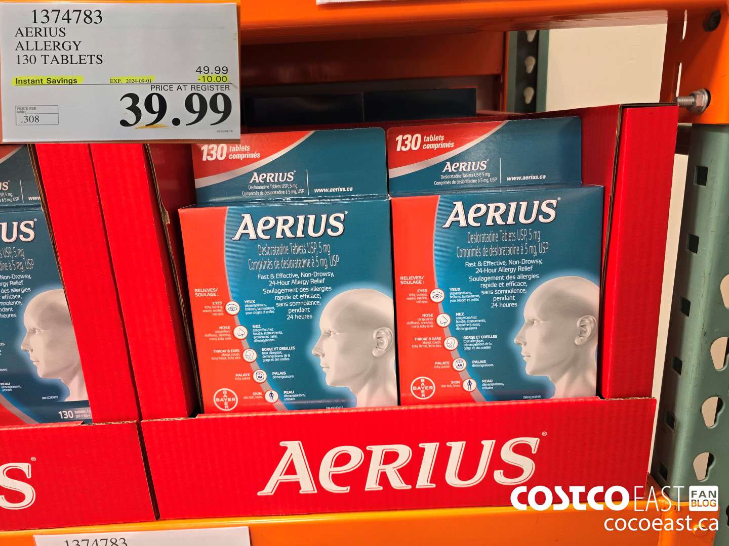 1374783 AERIUS ALLERGY 130 TABLETS ($10.00 INSTANT SAVINGS EXPIRES ON 2024-09-01) $39.99