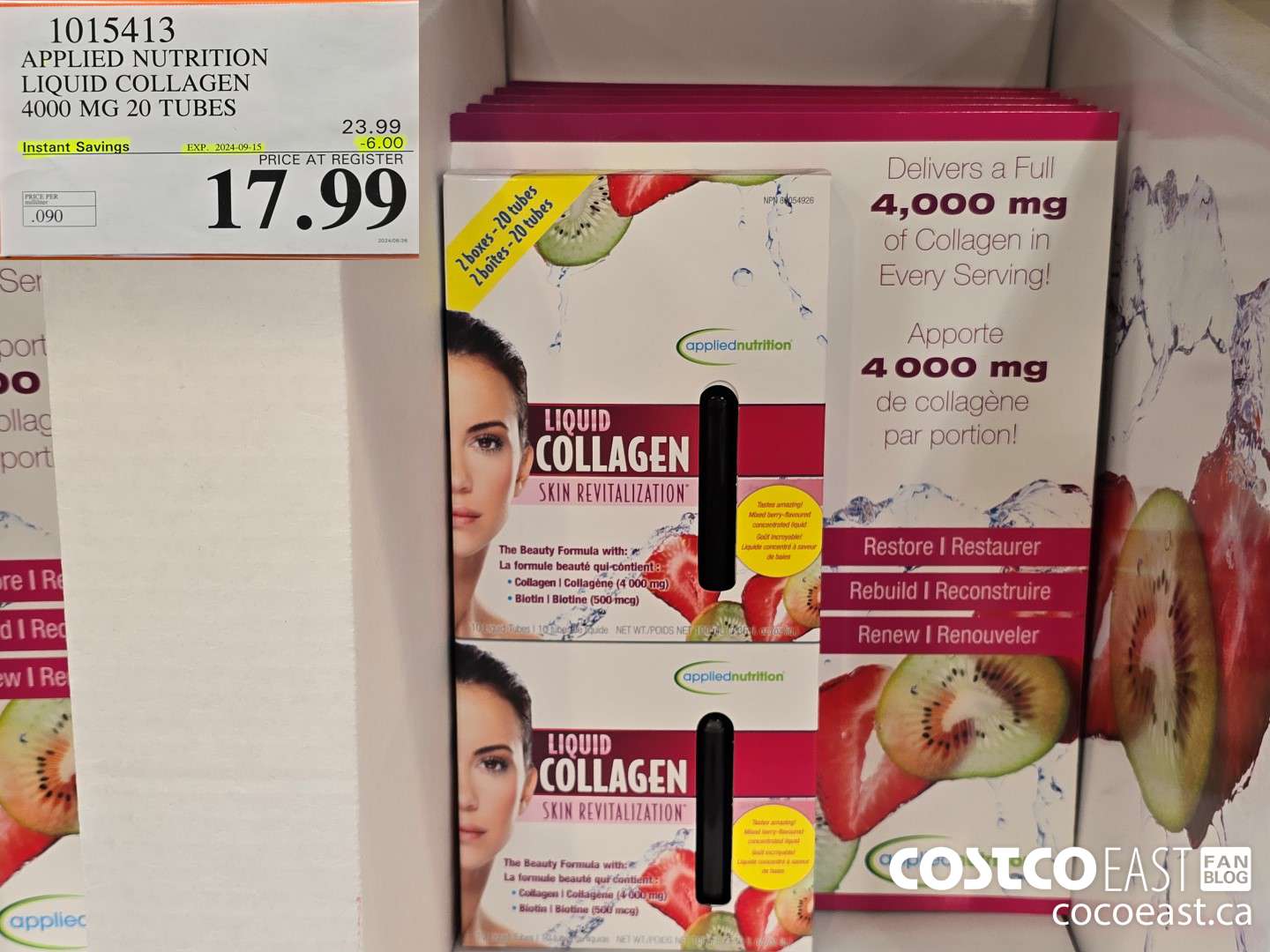 1015413 APPLIED NUTRITION LIQUID COLLAGEN 4000 MG 20 TUBES ($6.00 INSTANT SAVINGS EXPIRES ON 2024-09-15) $17.99