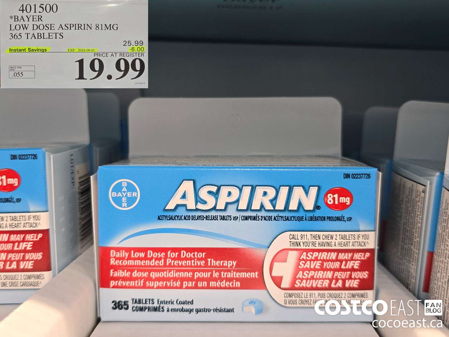 401500 BAYER LOW DOSE ASPIRIN 81MG 365 TABLETS ($6.00 INSTANT SAVINGS EXPIRES ON 2024-09-01) $19.99