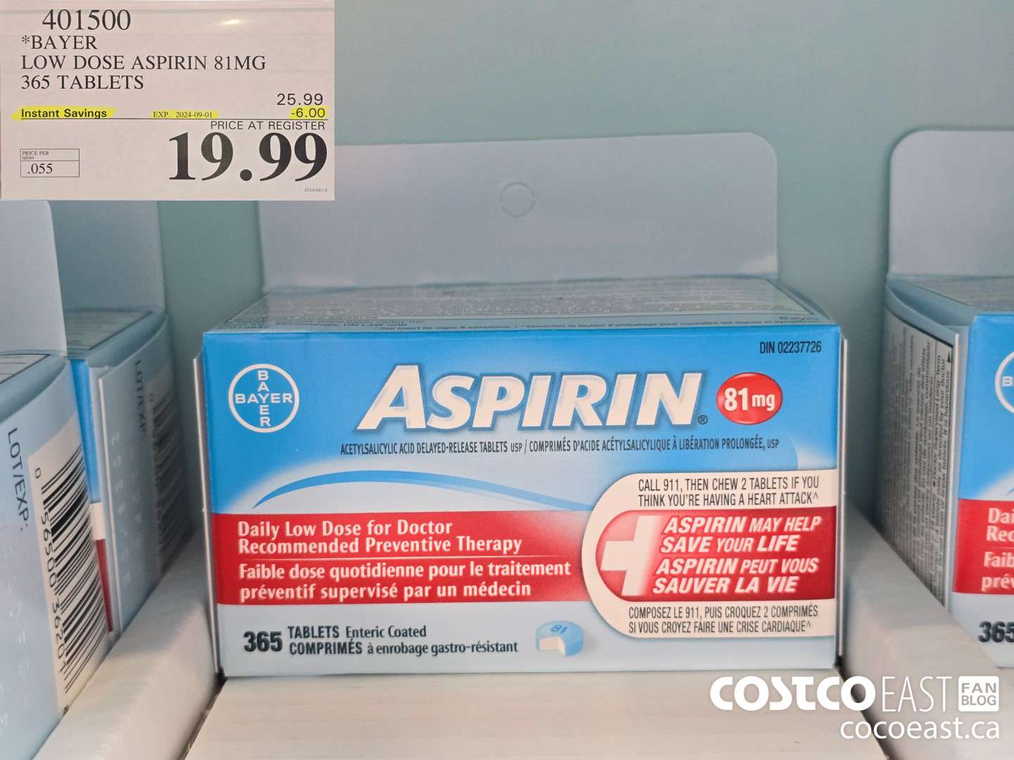 401500 BAYER LOW DOSE ASPIRIN 81MG 365 TABLETS ($6.00 INSTANT SAVINGS EXPIRES ON 2024-09-01) $19.99