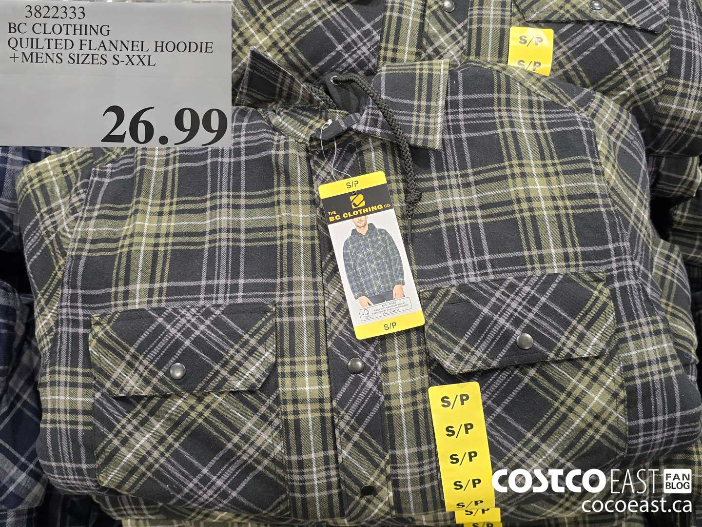 3822333 BC CLOTHING QUILTED FLANNEL HOODIE MENS SIZES S-XXL $26.99