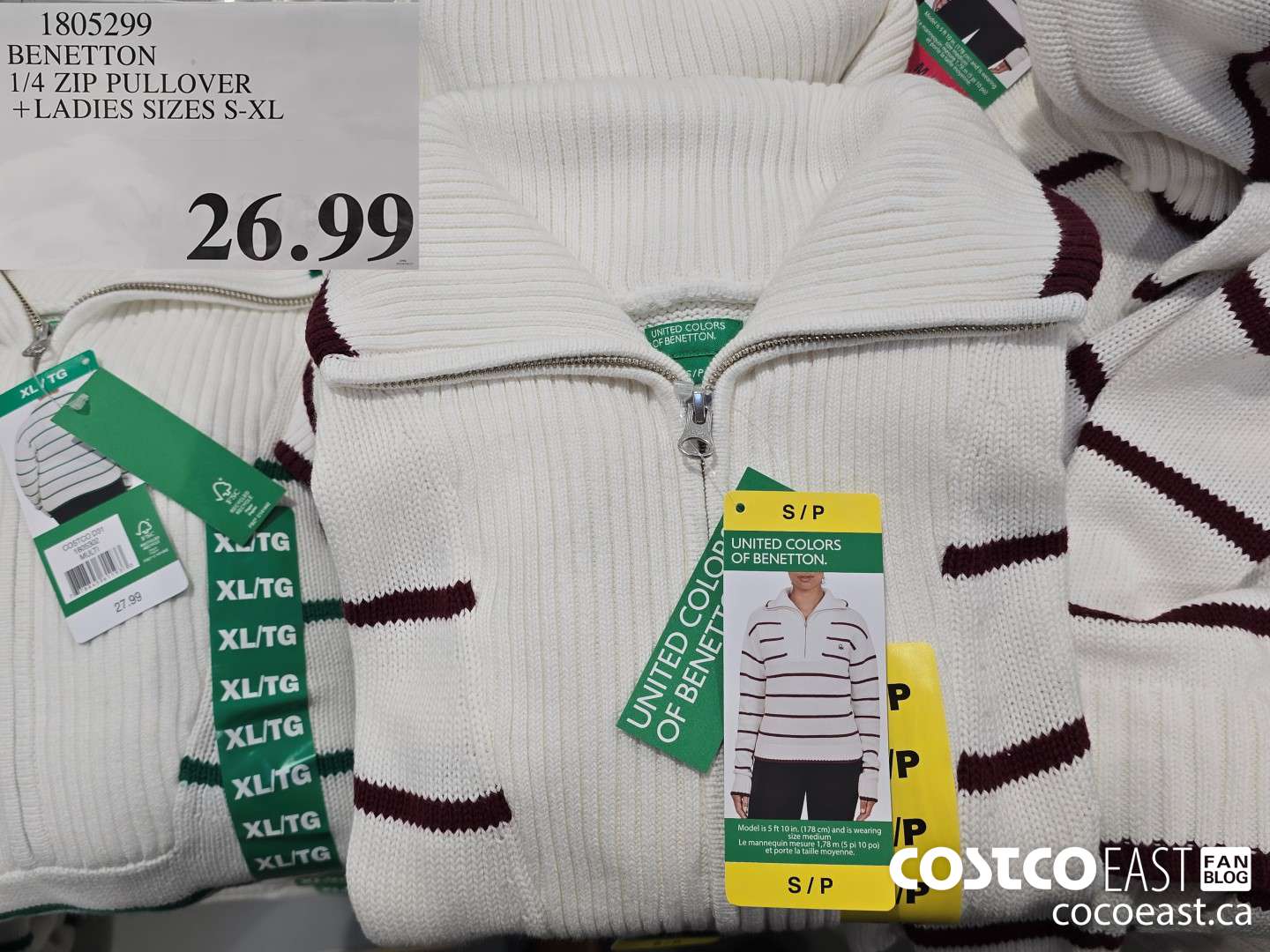 1805299 BENETTON 1/4 ZIP PULLOVER + LADIES SIZES S-XL $26.99