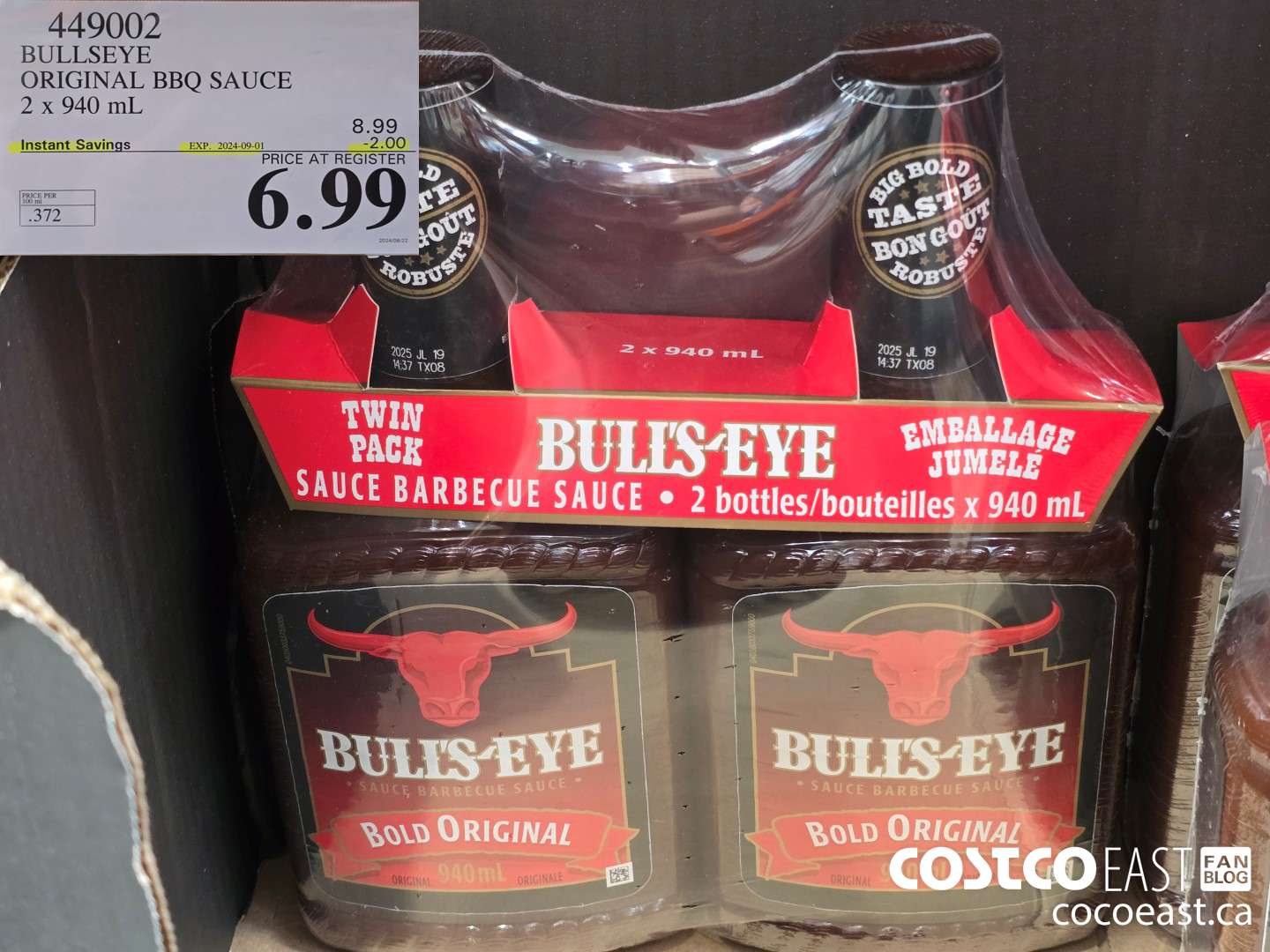 449002 BULLSEYE ORIGINAL BBQ SAUCE 2 X 940 ML ($2.00 INSTANT SAVINGS EXPIRES ON 2024-09-01) $6.99