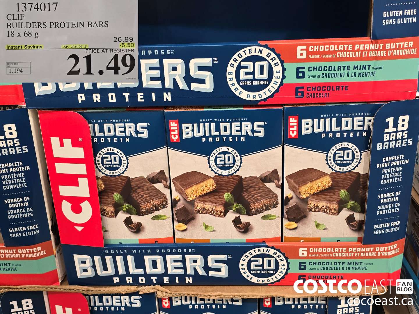1374017 CLIF BUILDERS PROTEIN BARS 18 X 68 G ($5.50 INSTANT SAVINGS EXPIRES ON 2024-09-15) $21.49