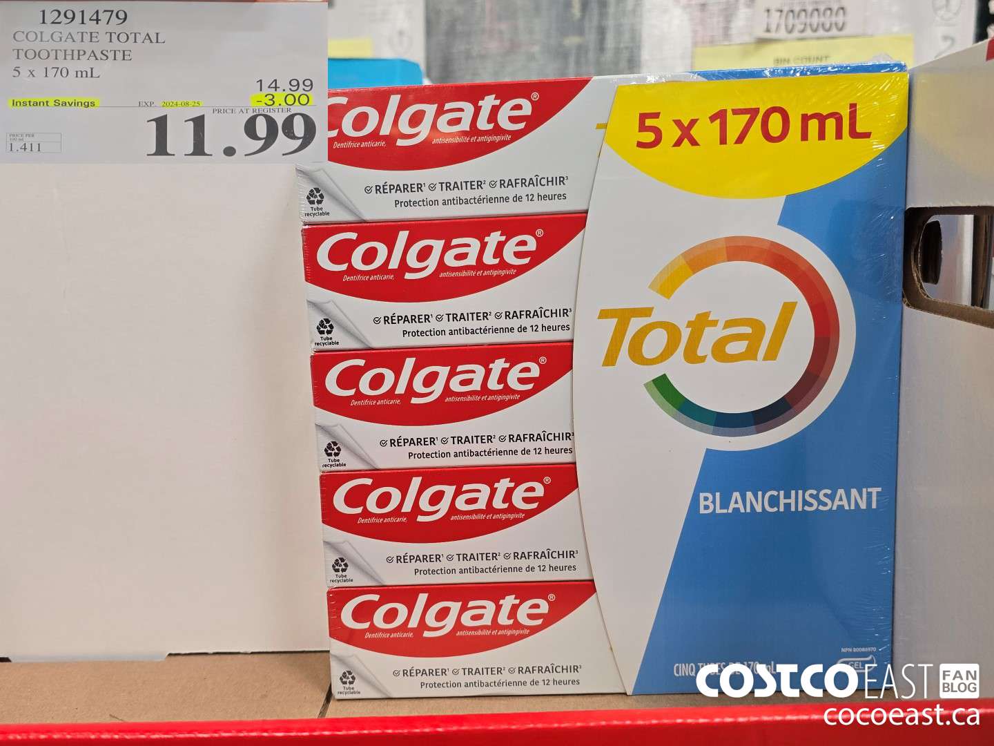 1291479 COLGATE TOTAL TOOTHPASTE 5 x 170 mL ($3.00 INSTANT SAVINGS EXPIRES ON 2024-08-25) $11.99
