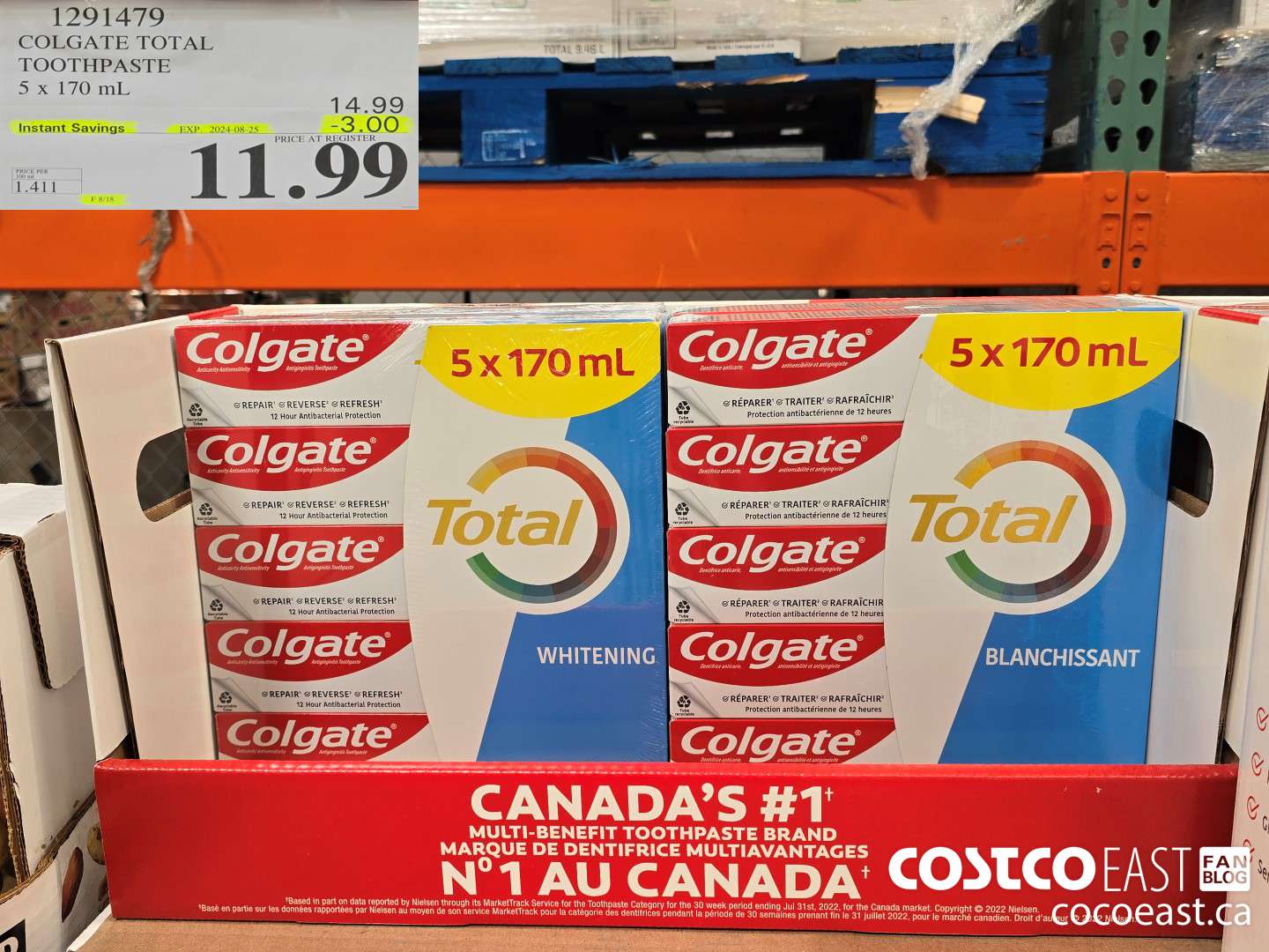 1291479 COLGATE TOTAL TOOTHPASTE 5 x 170 mL ($3.00 INSTANT SAVINGS EXPIRES ON 2024-08-25) $11.99
