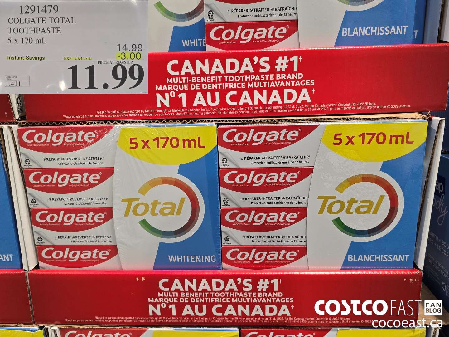 1291479 COLGATE TOTAL TOOTHPASTE 5 x 170 mL ($3.00 INSTANT SAVINGS EXPIRES ON 2024-08-25) $11.99