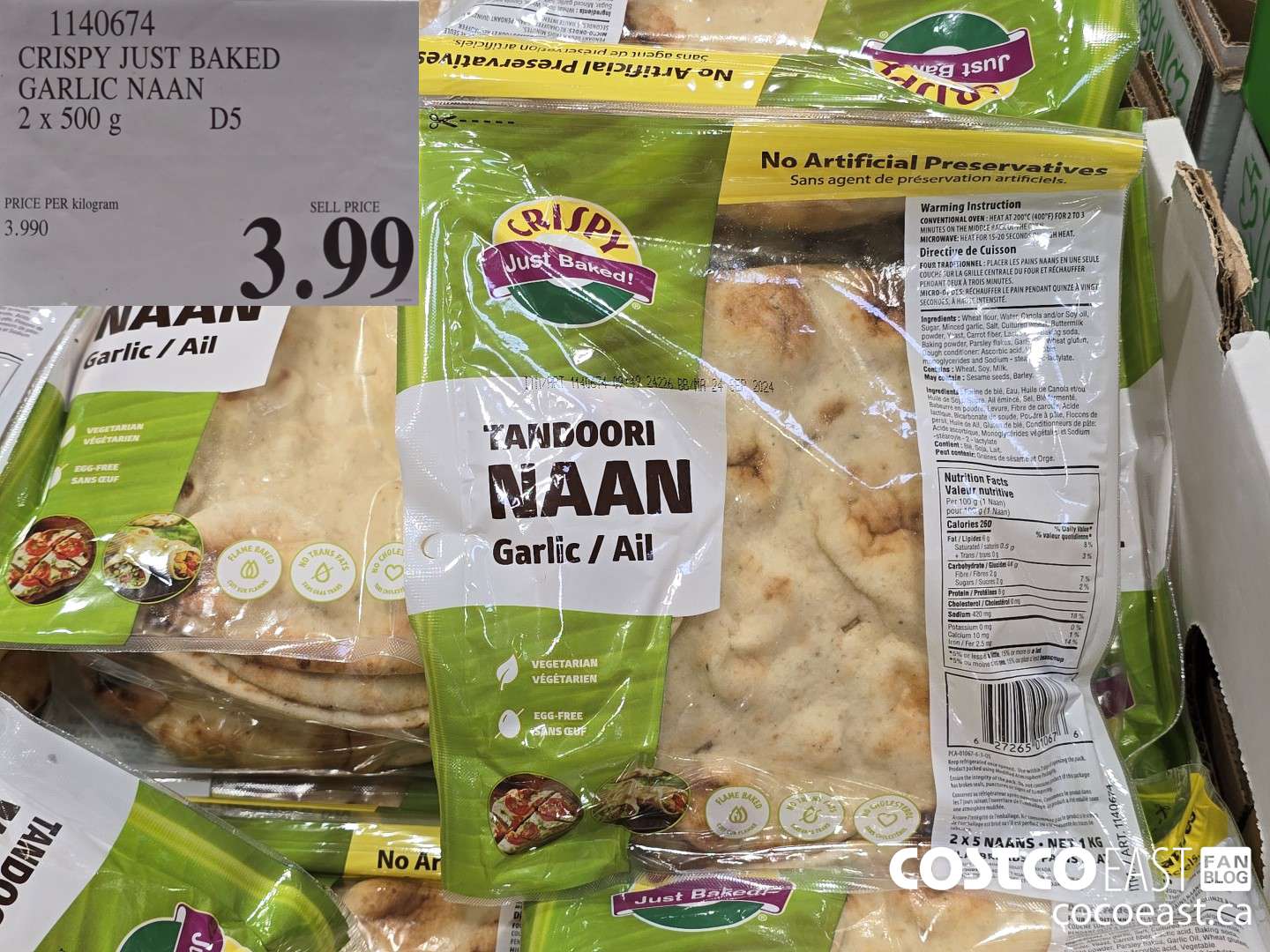 1140674 CRISPY JUST BAKED GARLIC NAAN 2 X 500G $3.99