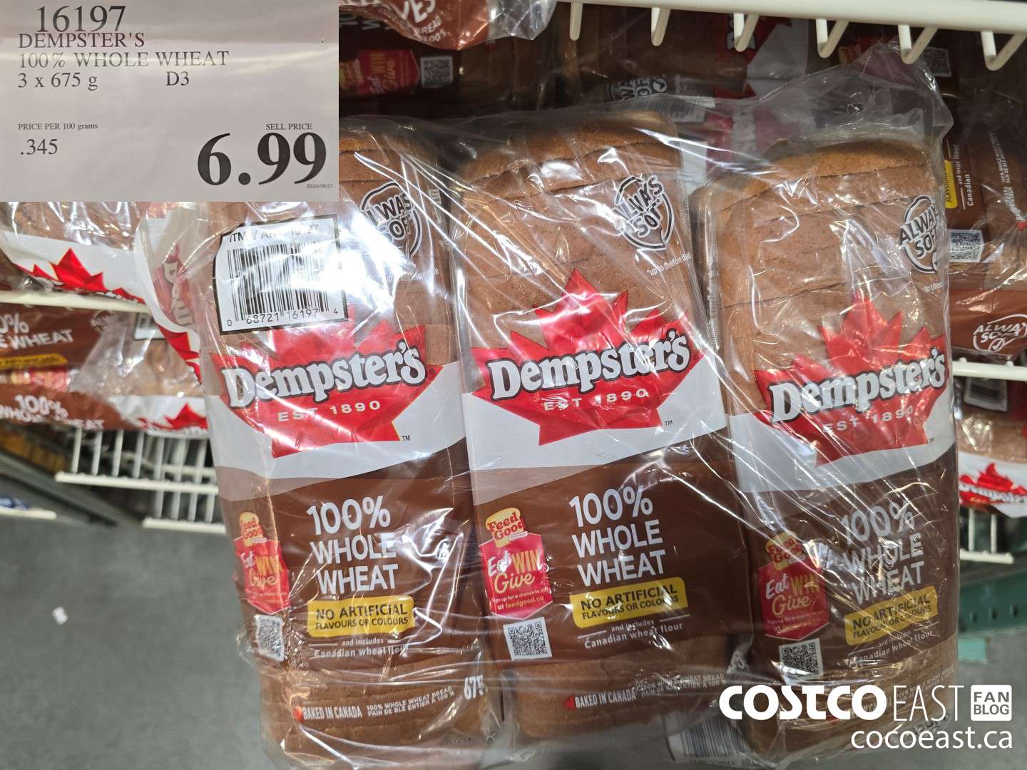 16197 DEMPSTER'S 100% WHOLE WHEAT 3 X 675 G $6.99