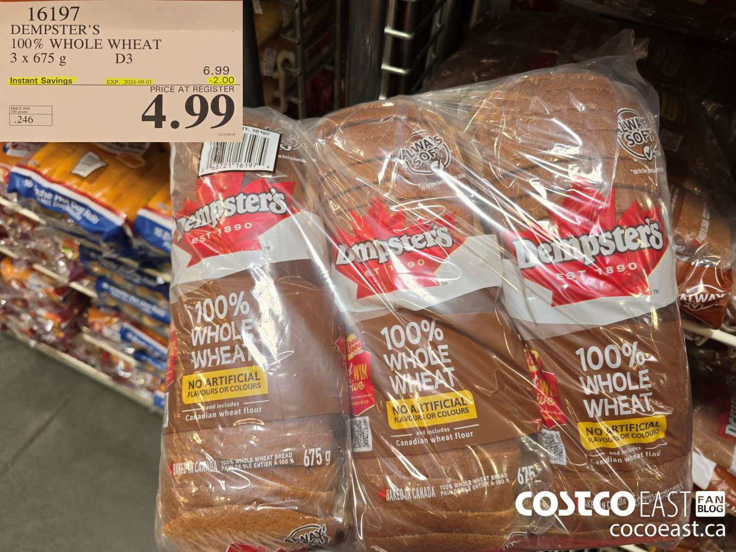 16197 DEMPSTER'S 100% WHOLE WHEAT 3 X 675 G ($2.00 INSTANT SAVINGS EXPIRES ON 2024-09-01) $4.99