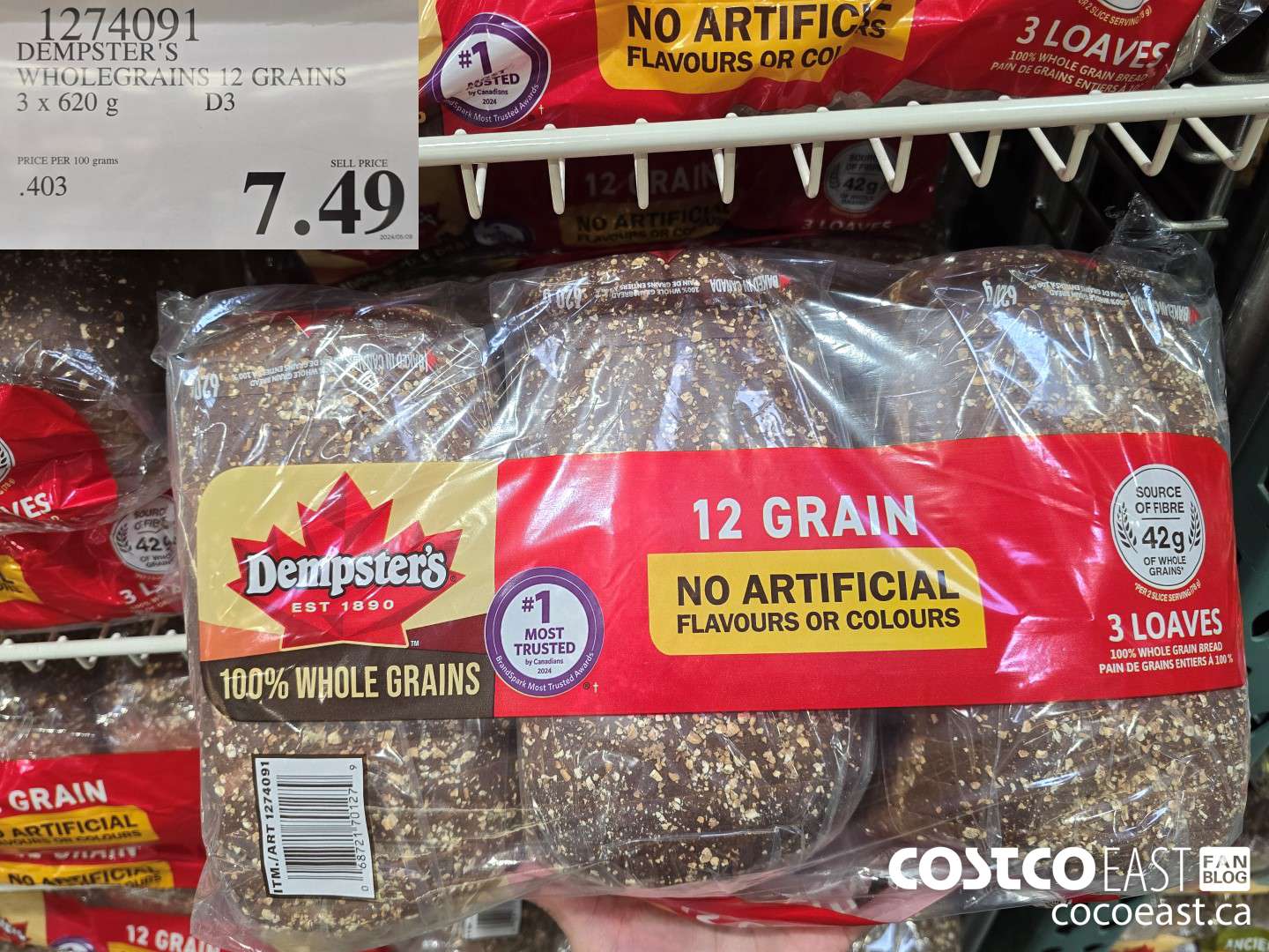 1274091 DEMPSTER'S WHOLEGRAINS 12 GRAINS 3 X 620 G $7.49