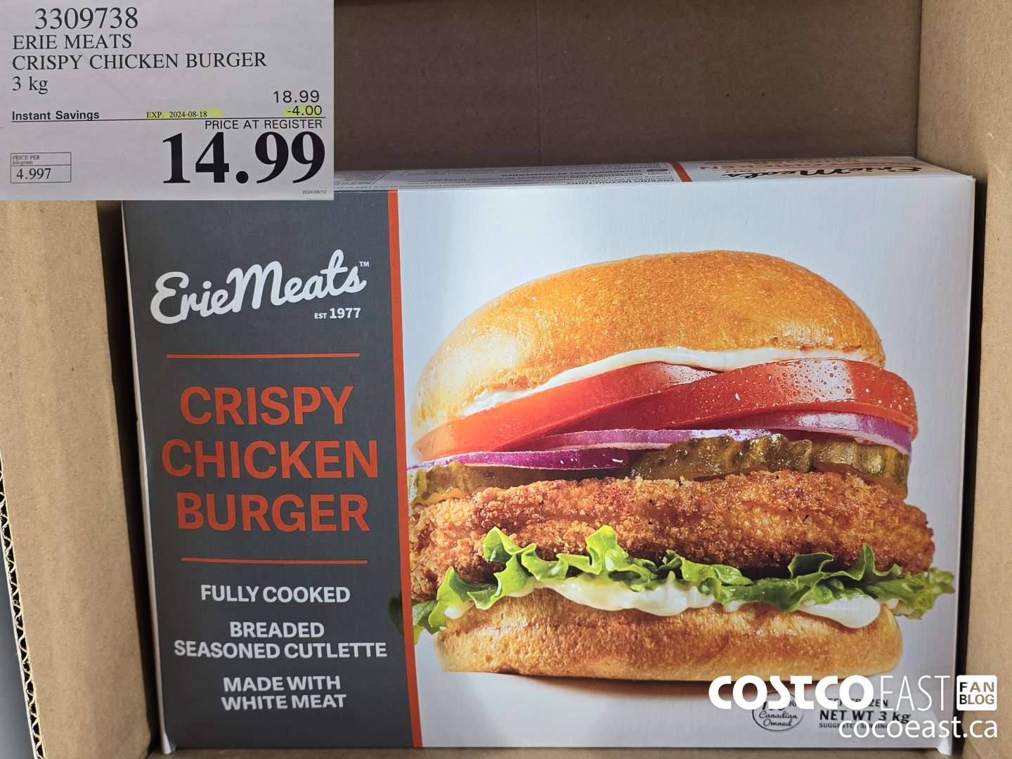 3309738 ERIE MEATS CRISPY CHICKEN BURGER 3 kg ($4.00 INSTANT SAVINGS EXPIRES ON 2024-08-18) $14.99