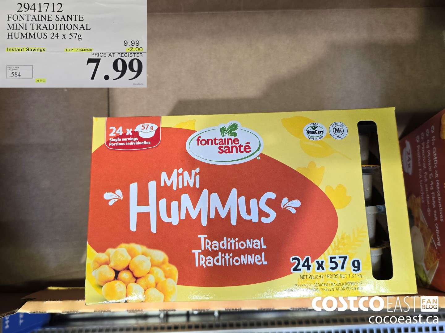 2941712 FONTAINE SANTE MINI TRADITIONAL HUMMUS 24 x 57g ($2.00 INSTANT SAVINGS EXPIRES ON 2024-09-01) $7.99