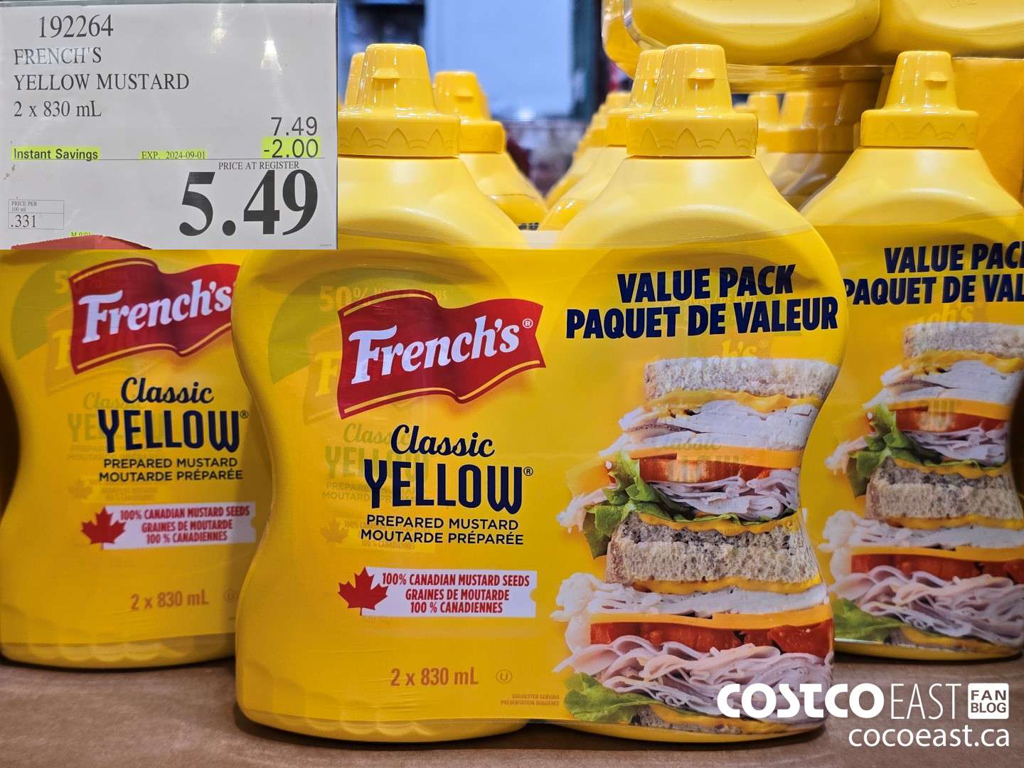 192264 FRENCH'S YELLOW MUSTARD 2 X 830 ML ($2.00 INSTANT SAVINGS EXPIRES ON 2024-09-01) $5.49