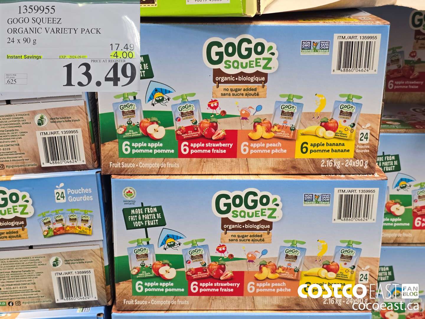 1359955 GOGO SQUEEZ ORGANIC VARIETY PACK 24 x 90 g ($4.00 INSTANT SAVINGS EXPIRES ON 2024-09-01) $13.49