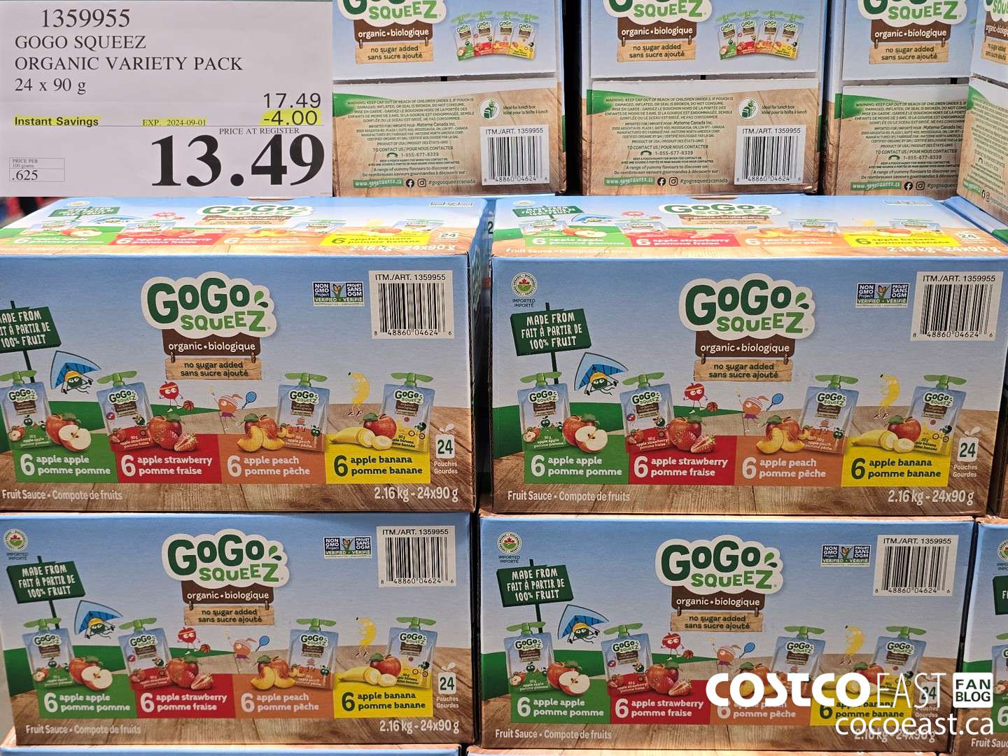 1359955 GOGO SQUEEZ ORGANIC VARIETY PACK 24 x 90 g ($4.00 INSTANT SAVINGS EXPIRES ON 2024-09-01) $13.49
