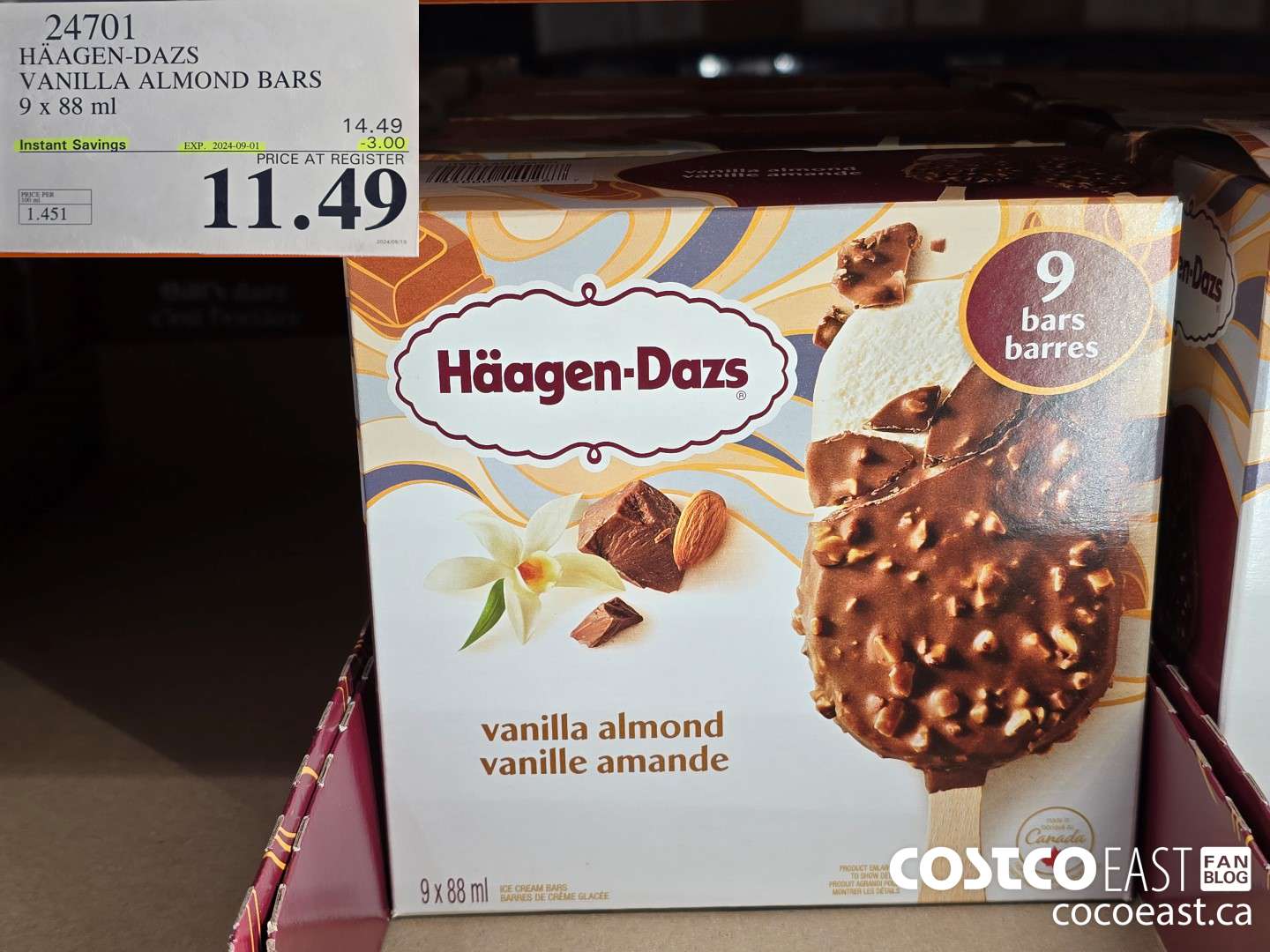 24701 HAAGAN-DAZS VANILLA ALMOND BARS 9 X 88 ML ($3.00 INSTANT SAVINGS EXPIRES ON 2024-09-01) $11.49
