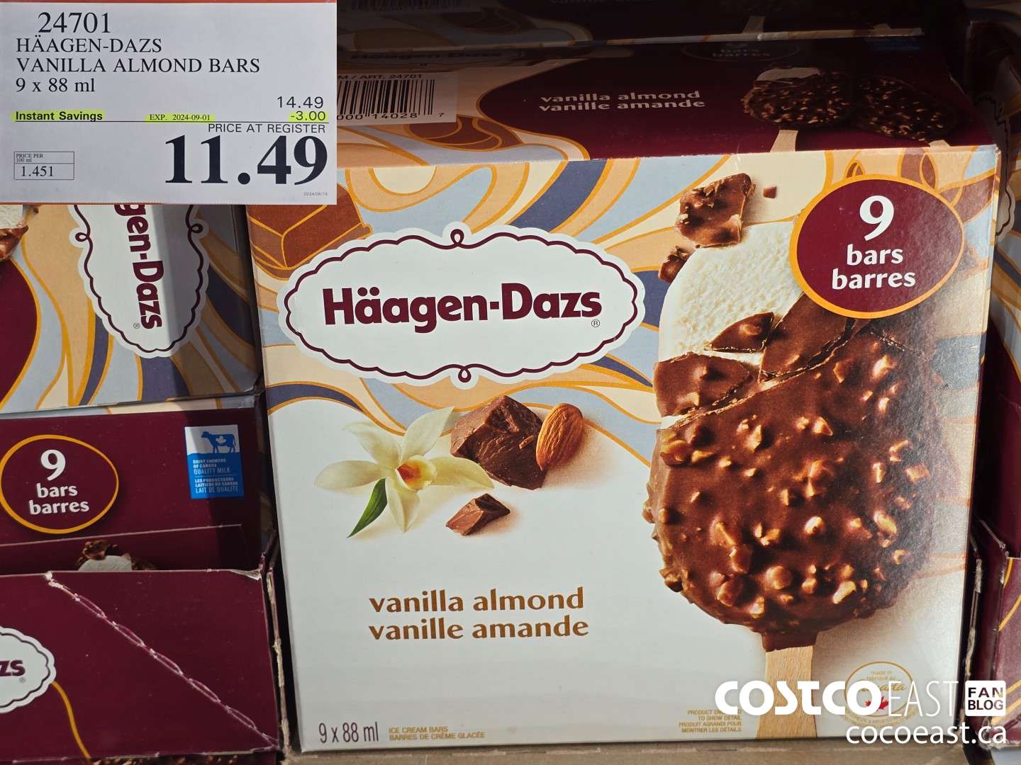 24701 HAAGAN-DAZS VANILLA ALMOND BARS 9 X 88 ML ($3.00 INSTANT SAVINGS EXPIRES ON 2024-09-01) $11.49