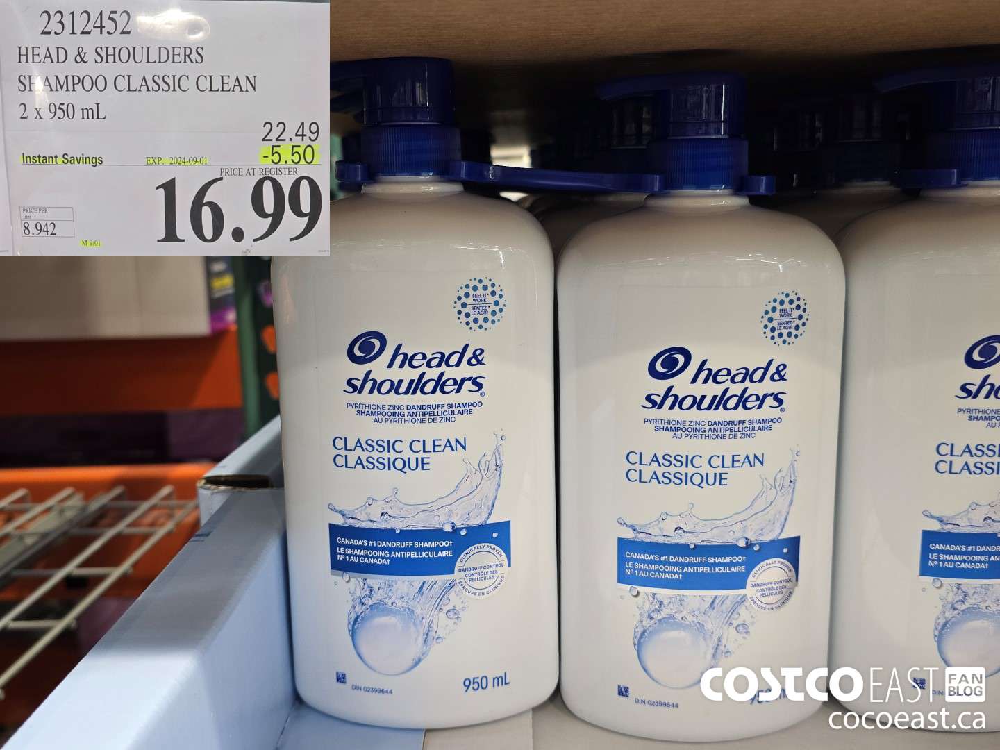 2312452 HEAD & SHOULDERS SHAMPOO CLASSIC CLEAN 2 X 950 ML ($5.50 INSTANT SAVINGS EXPIRES ON 2024-09-01) $16.99