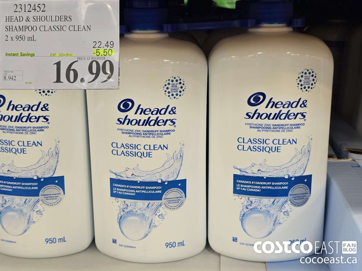 2312452 HEAD & SHOULDERS SHAMPOO CLASSIC CLEAN 2 X 950 ML ($5.50 INSTANT SAVINGS EXPIRES ON 2024-09-01) $16.99