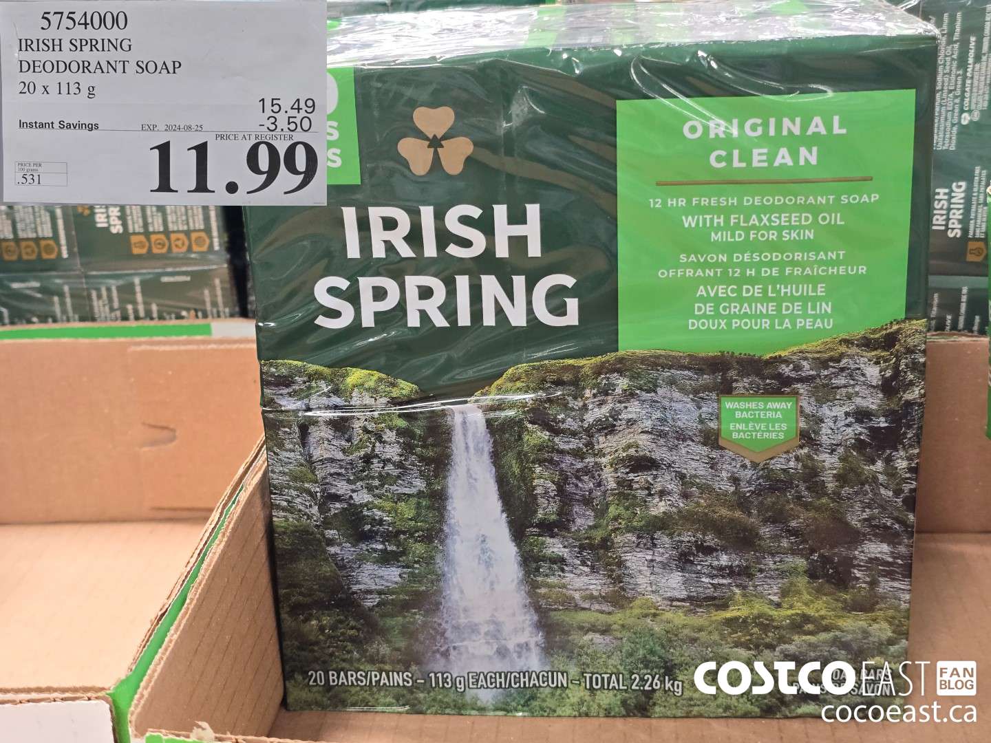 5754000 IRISH SPRING DEODORANT SOAP 20 X 113 G ($3.50 INSTANT SAVINGS EXPIRES ON 2024-08-25) $11.99