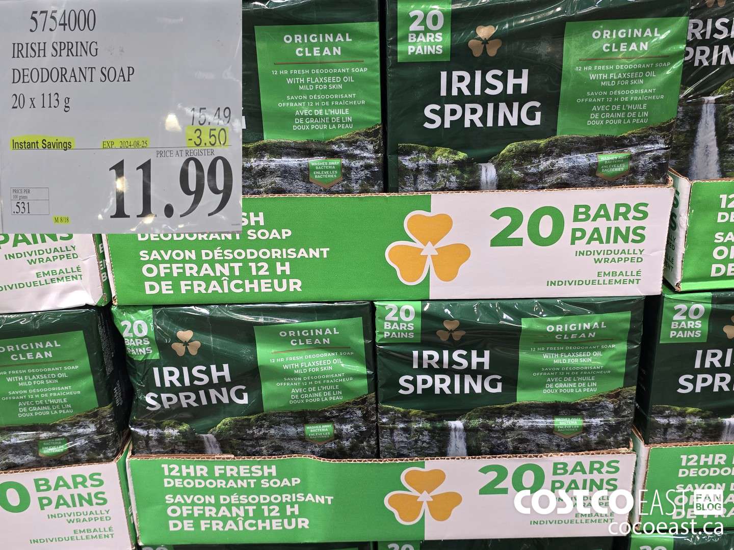 5754000 IRISH SPRING DEODORANT SOAP 20 X 113 G ($3.50 INSTANT SAVINGS EXPIRES ON 2024-08-25) $11.99