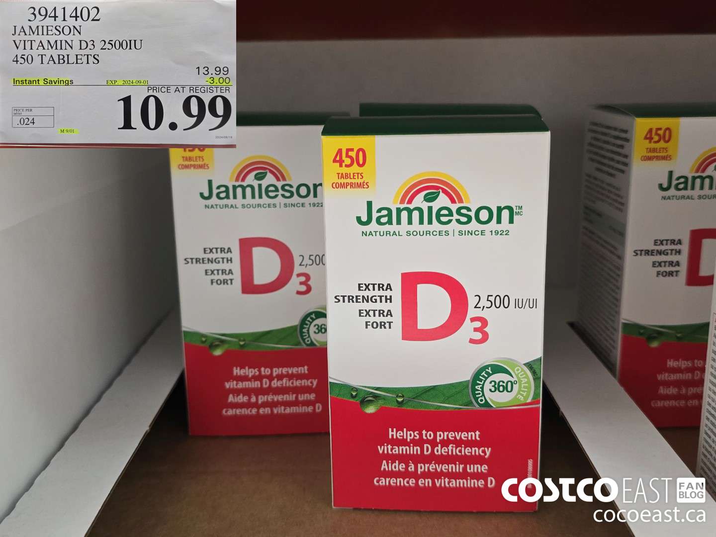 3941402 JAMIESON VITAMIN D3 2500IU 450 TABLETS ($3.00 INSTANT SAVINGS EXPIRES ON 2024-09-01) $10.99