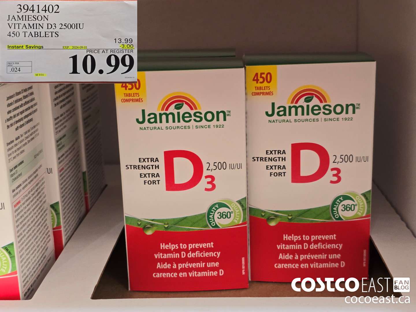 3941402 JAMIESON VITAMIN D3 2500IU 450 TABLETS ($3.00 INSTANT SAVINGS EXPIRES ON 2024-09-01) $10.99