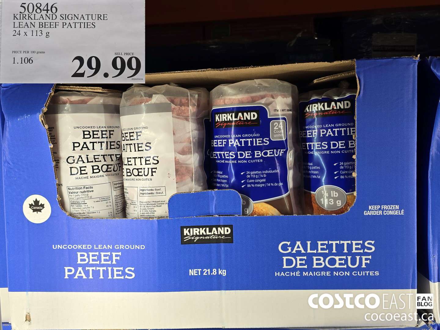 50846 KIRKLAND SIGNATURE LEAN BEEF PATTIES 24x 113g $29.99