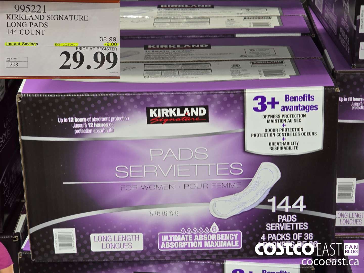 995221 KIRKLAND SIGNATURE LONG PADS 144 COUNT ($9.00 INSTANT SAVINGS EXPIRES ON 2024-09-01) $29.99
