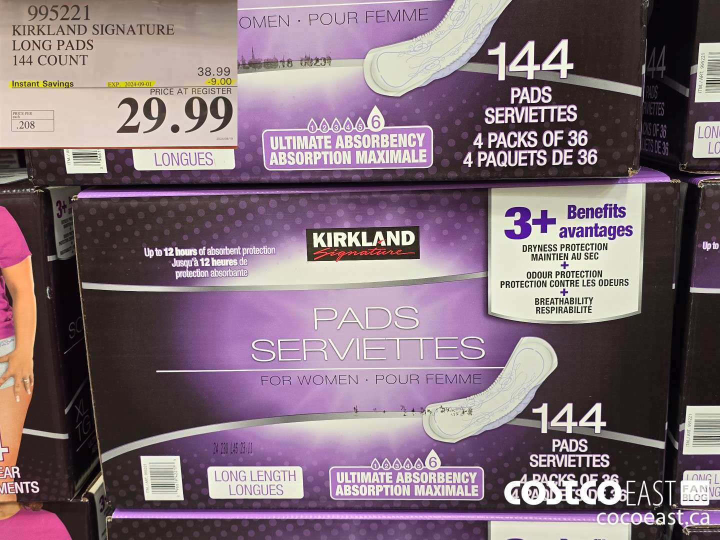 995221 KIRKLAND SIGNATURE LONG PADS 144 COUNT ($9.00 INSTANT SAVINGS EXPIRES ON 2024-09-01) $29.99