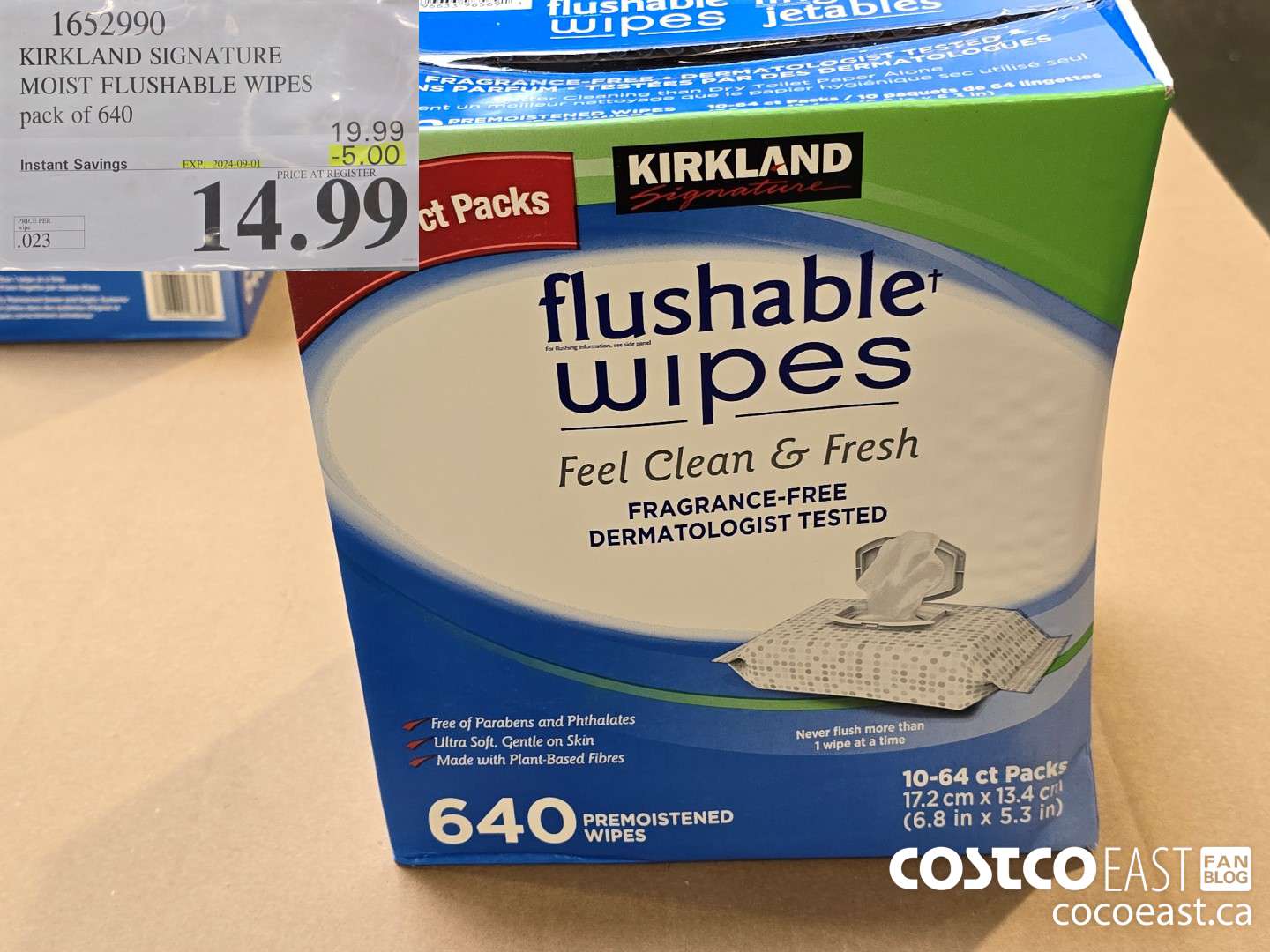 1652990 KIRKLAND SIGNATURE MOIST FLUSHABLE WIPES pack of 640 ($5.00 INSTANT SAVINGS EXPIRES ON 2024-09-01) $14.99