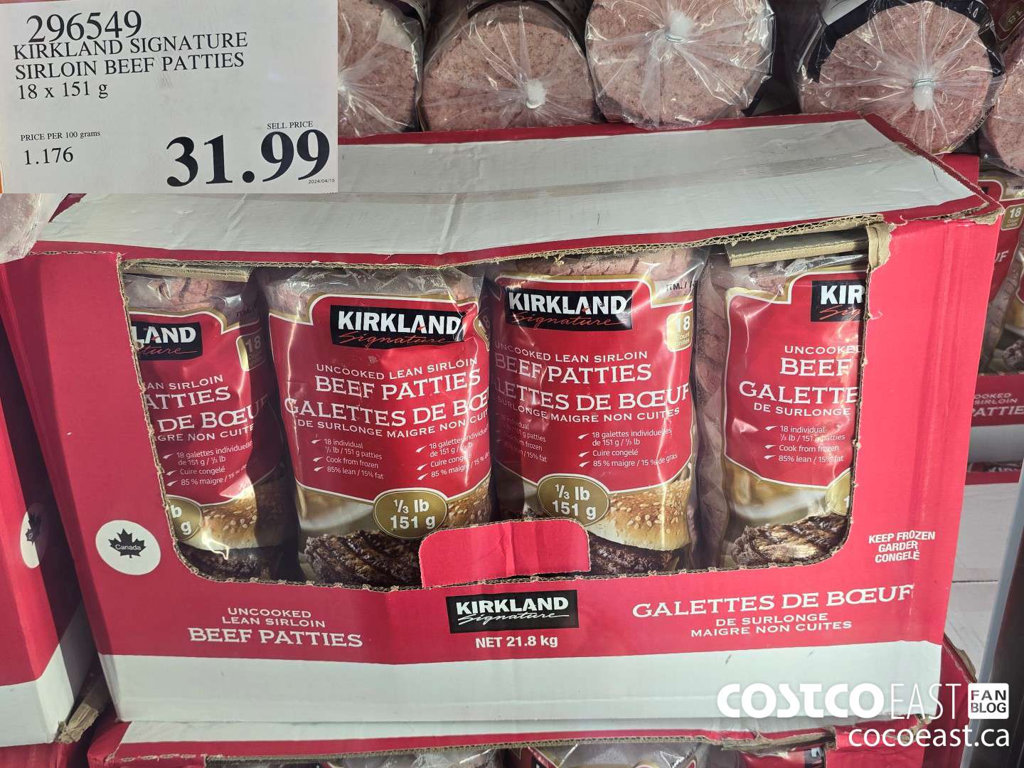 296549 KIRKLAND SIGNATURE SIRLOIN BEEF PATTIES 18 x 151 G $31.99